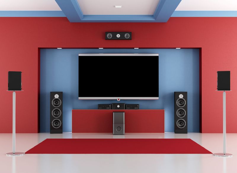 Red and blue home cinema room with led tv